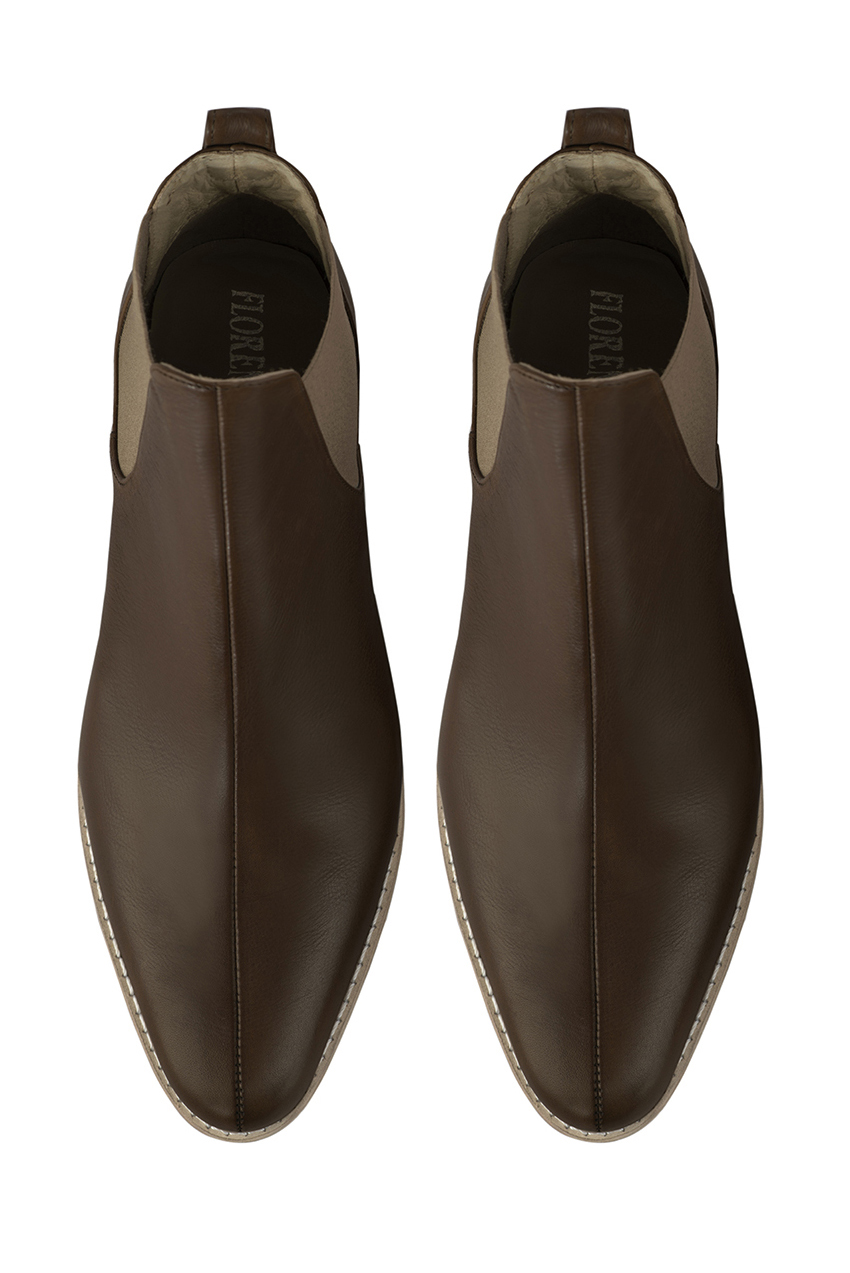 Dark brown women's ankle boots, with elastics. Round toe. Flat leather soles. Top view - Florence KOOIJMAN